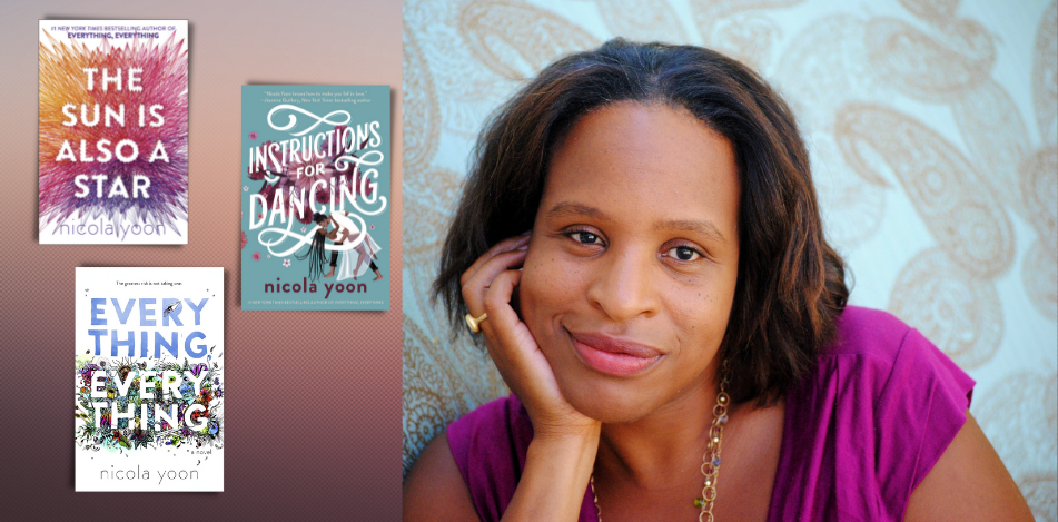 Woman smiling wearing purple shirt and three book covers