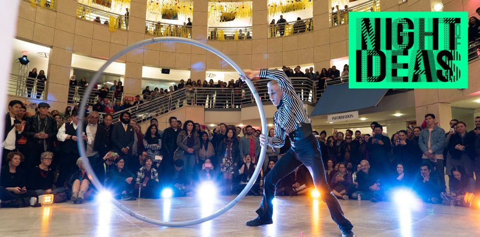 Hula hooper in atrium of Main Library 