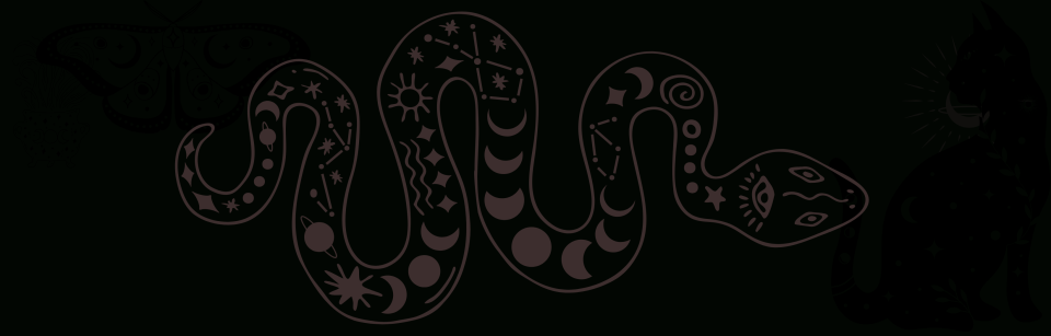 A dark outline of an S-shaped snake with start and moon images along its length.