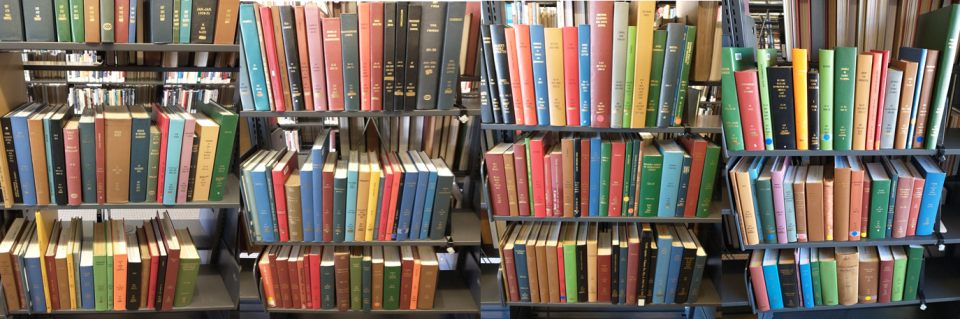 book shelves filled with bound magazine volumes