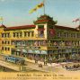 colorfully illustrated postcard featuring San Francisco&#039;s Chinatown at the turn of the 20th century. 